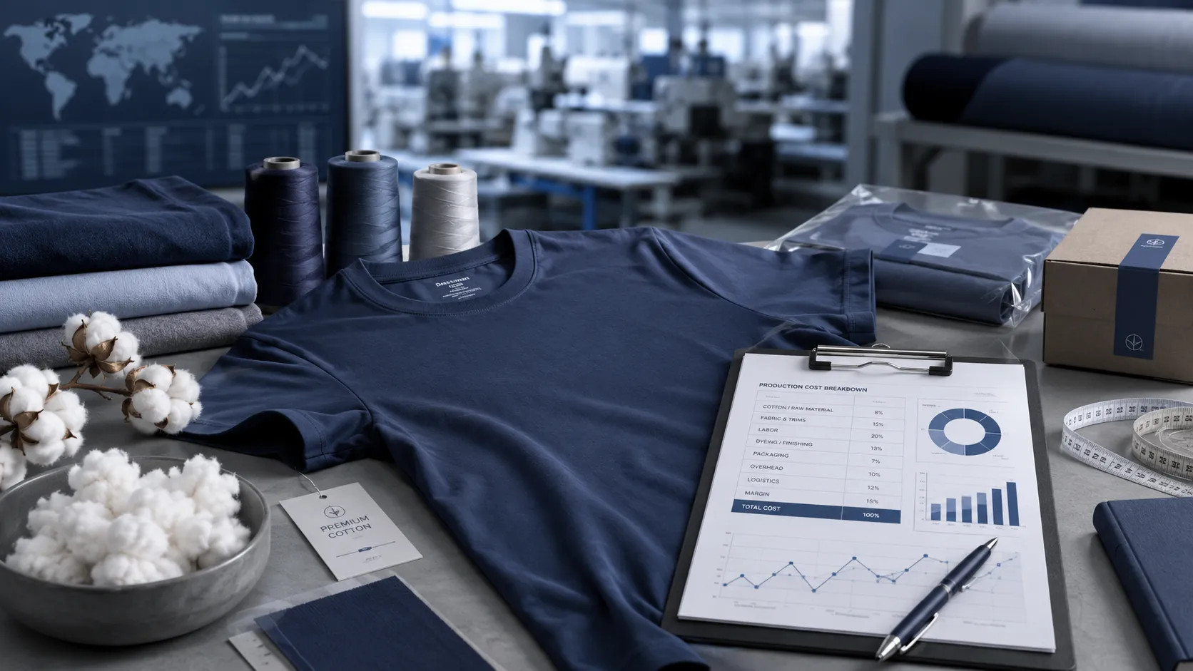 เสื้อยืดคอกลมสีกรมท่าวางกลางโต๊ะในโรงงาน ล้อมด้วยฝ้ายดิบในชามและป้าย PREMIUM COTTON พร้อมคลิปบอร์ดสรุปโครงสร้างต้นทุนการผลิตเสื้อยืด