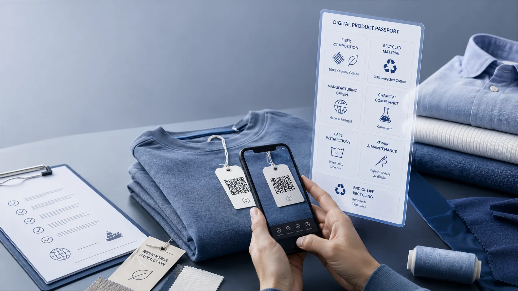 ภาพจำลองระบบ Digital Product Passport (DPP) บนเสื้อผ้า แบรนด์ที่ส่งออกไป EU จัดวางเสื้อยืดสีเอิร์ธโทนพร้อมป้ายฉลากคิวอาร์โค้ด (QR Code) บนตัวเสื้อ แสดงหน้าจอสมาร์ทโฟนที่กำลังสแกนเพื่อเรียกดูข้อมูลประวัติเส้นใย แหล่งผลิต ความยั่งยืน และการรีไซเคิล