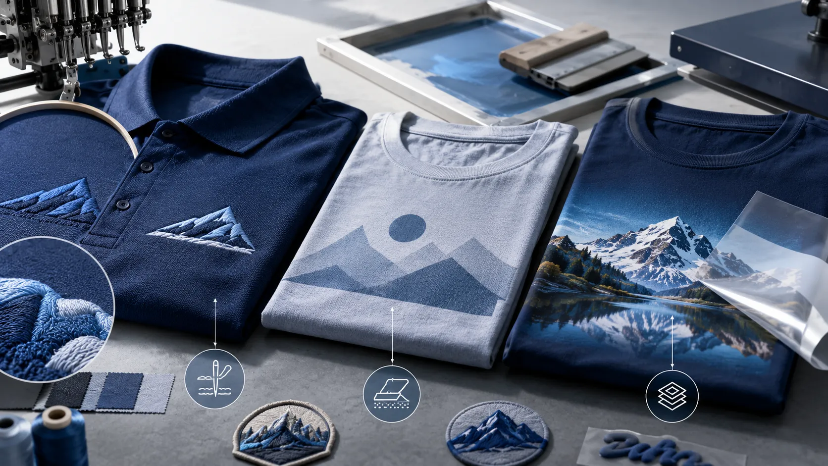 เสื้อสามตัววางเทียบงานตกแต่ง โปโลน้ำเงินปักโลโก้ภูเขาพร้อมวงขยายเส้นด้าย เสื้อเทาสกรีนลายภูเขา และเสื้อน้ำเงินพิมพ์ DTF ลายภูเขาหิมะกำลังลอกฟิล์ม