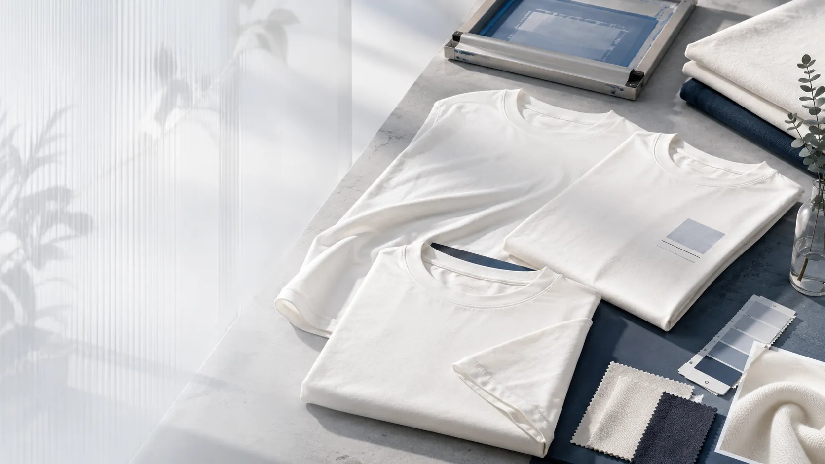 เสื้อยืดสีขาวนวลโทน Cloud Dancer จัดวางแบบ flat lay บนพื้นปูนสีเทาอ่อน มีทั้งตัวพับและตัวสกรีนลายมินิมอลสี่เหลี่ยมฟ้าอ่อน ล้อมด้วยกองผ้าพับ การ์ดเฉดสีฟ้า ตัวอย่างผ้า บล็อกสกรีน และใบยูคาลิปตัสในแจกันแก้ว