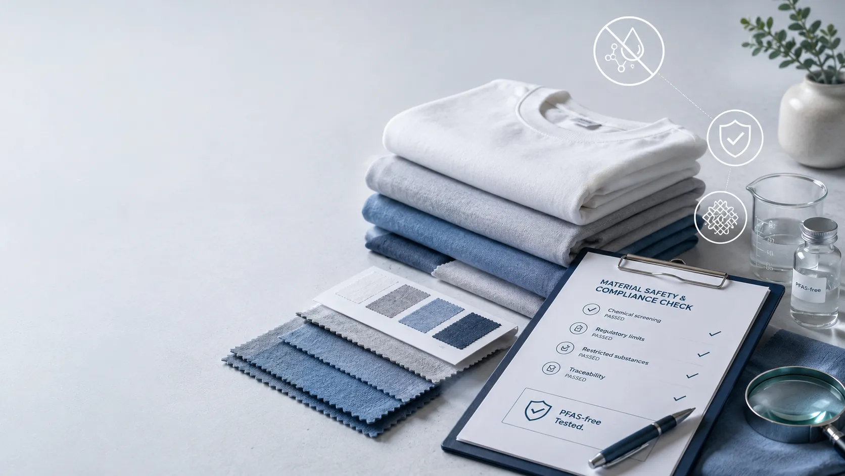 การตรวจสอบความปลอดภัยทางเคมีของผ้าก่อนสั่งผลิตเสื้อ จัดวางเสื้อยืดพับสีขาว เทา และฟ้า ผ้าตัวอย่างและการ์ดสีผ้า พร้อมคลิปบอร์ดเช็กลิสต์ MATERIAL SAFETY & COMPLIANCE CHECK ที่ผ่านการทดสอบสารเคมี แว่นขยาย บีกเกอร์ และขวดติดป้าย PFAS-free บนโต๊ะแล็บสีเทา