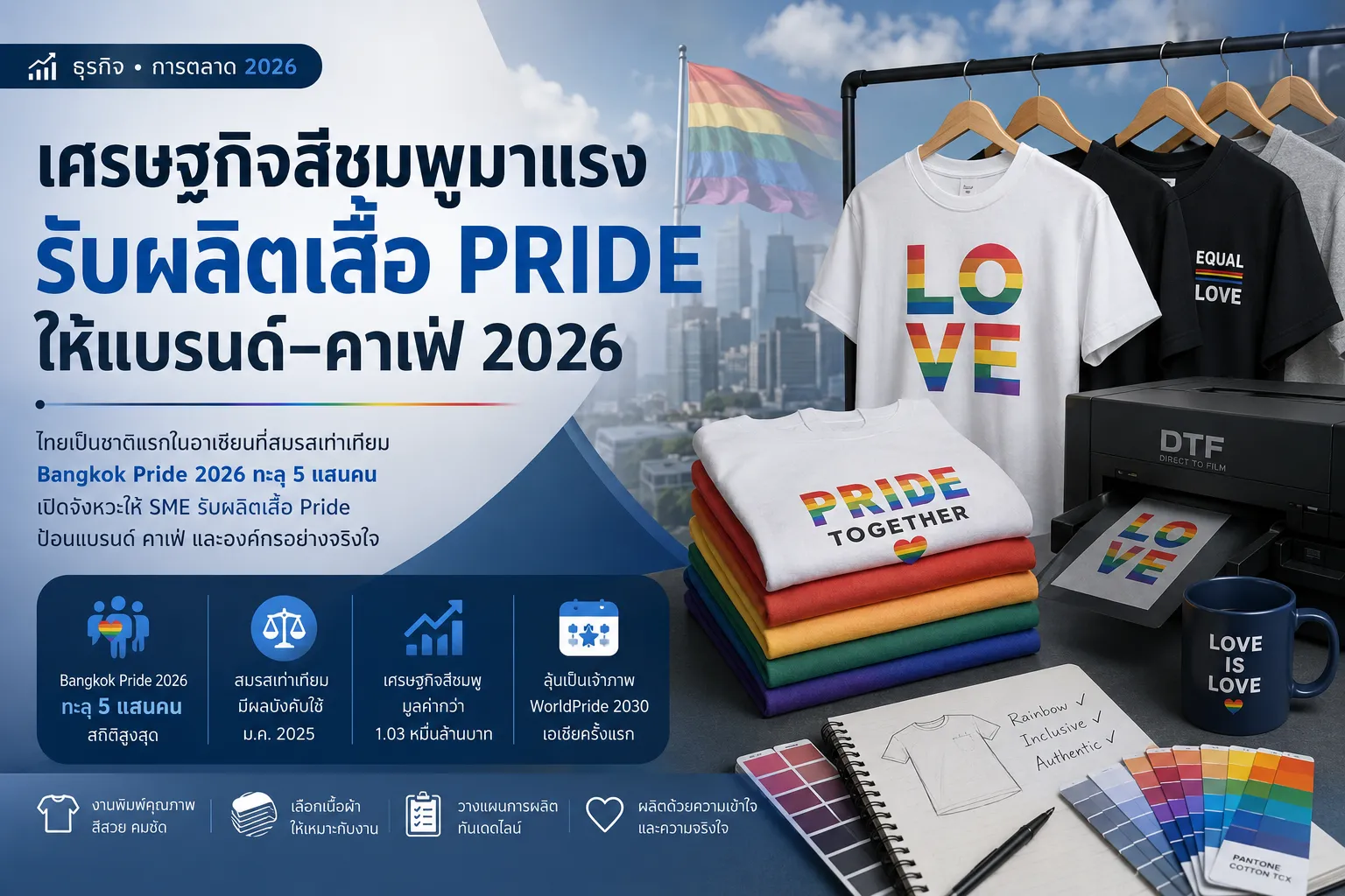 การเติบโตของเศรษฐกิจสีชมพูและการผลิตเสื้อ Pride ในไทย จัดวางเสื้อยืดสกรีนโลโก้และข้อความ Pride ด้วยสีรุ้งสดใส ตกแต่งร้านคาเฟ่ร่วมสมัยที่มีธงสัญลักษณ์สมรสเท่าเทียมและธงสีรุ้ง ประดับด้วยดอกไม้หลากสีรอบ ๆ เพื่อเตรียมต้อนรับเทศกาล Pride Month