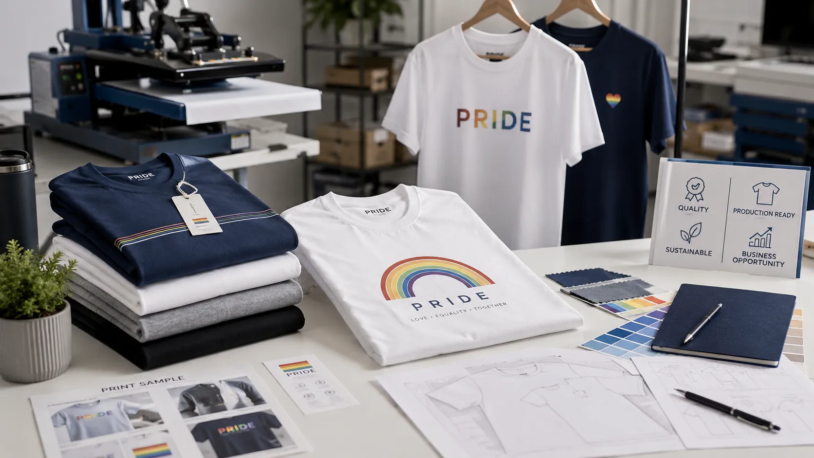 โอกาสธุรกิจรับผลิตเสื้อสายรุ้งสำหรับ SME ต้อนรับเทศกาล Pride Month จัดวางเสื้อยืดสีขาวสกรีนลายกราฟิกทางช้างเผือกสีรุ้งและข้อความสนับสนุนความหลากหลายทางเพศ พร้อมม้วนผ้าสีรุ้ง ธงสีรุ้งผืนเล็ก และการ์ดเฉดสีแพนโทนบนโต๊ะทำงานนักออกแบบ
