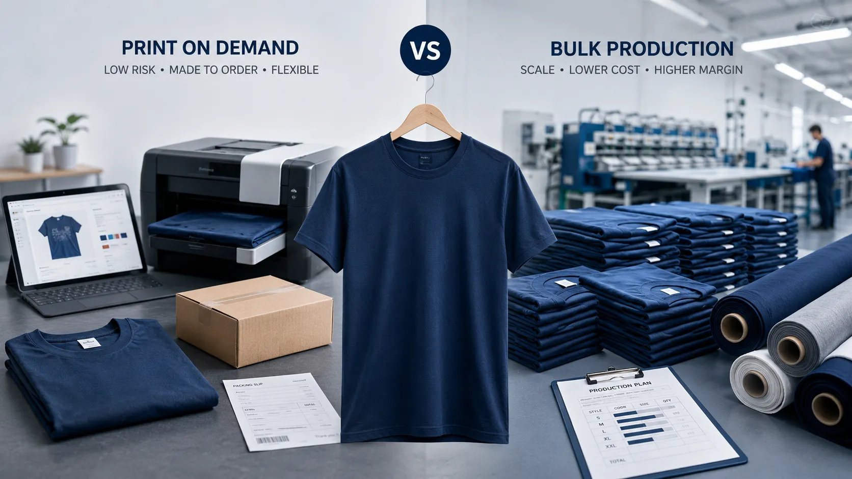 ภาพเปรียบเทียบแบบแบ่งครึ่ง ฝั่ง Print on Demand มีแล็ปท็อปออกแบบ เครื่องพิมพ์ DTG และกล่องพัสดุ ฝั่งสั่งผลิตจริงแบบล็อตมีกองเสื้อและม้วนผ้าในโรงงาน คั่นกลางด้วยเสื้อยืดสีกรมท่าบนไม้แขวน