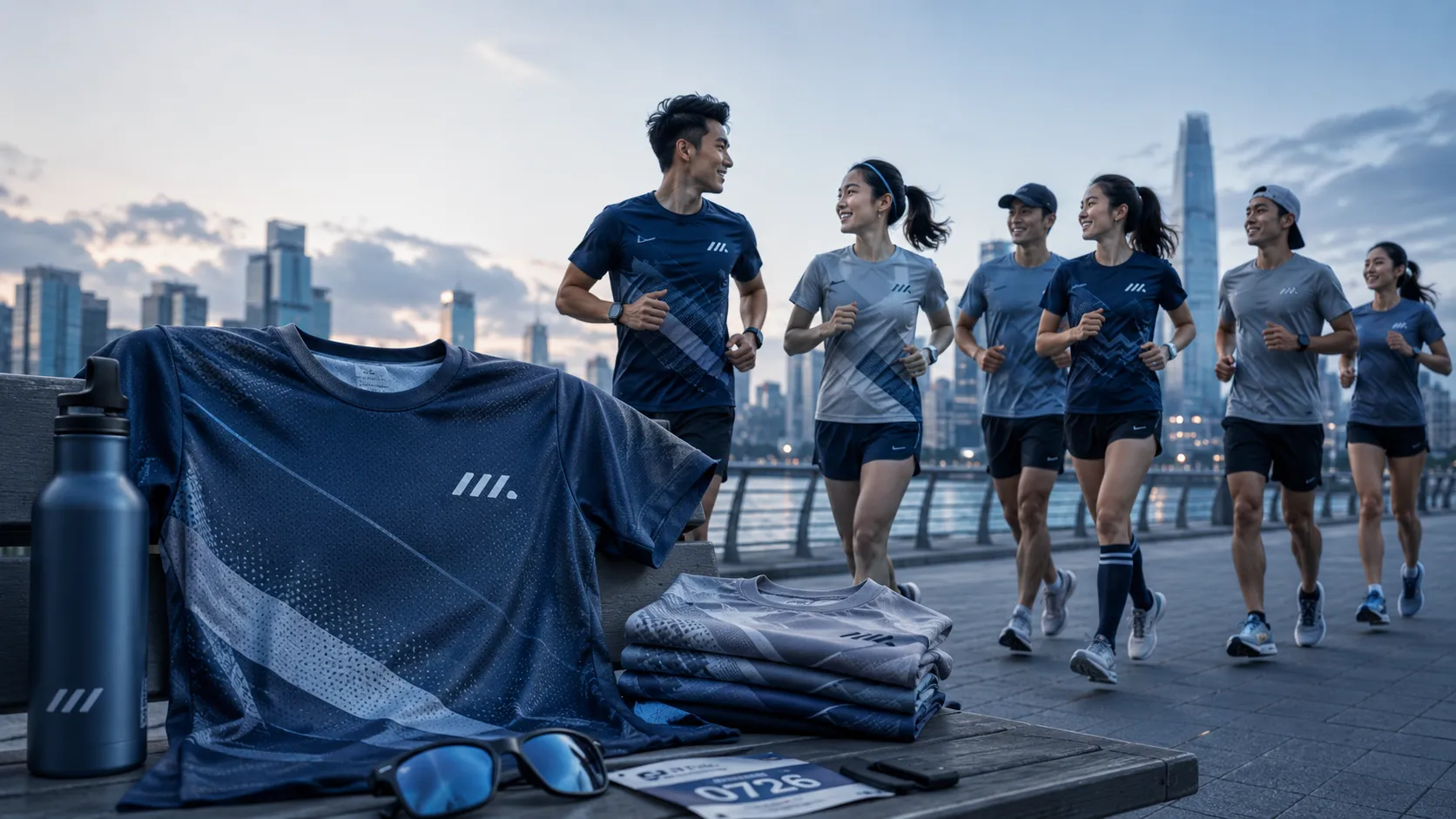 กลุ่มนักวิ่ง Run Club 6 คนใส่เสื้อกลุ่มวิ่งสีกรมท่า-เทาโลโก้เดียวกัน วิ่งริมน้ำมีเส้นขอบฟ้าเมืองยามเย็น ด้านหน้าเป็นม้านั่งวางเสื้อสั่งทำ กระบอกน้ำ และเบอร์วิ่ง 0726