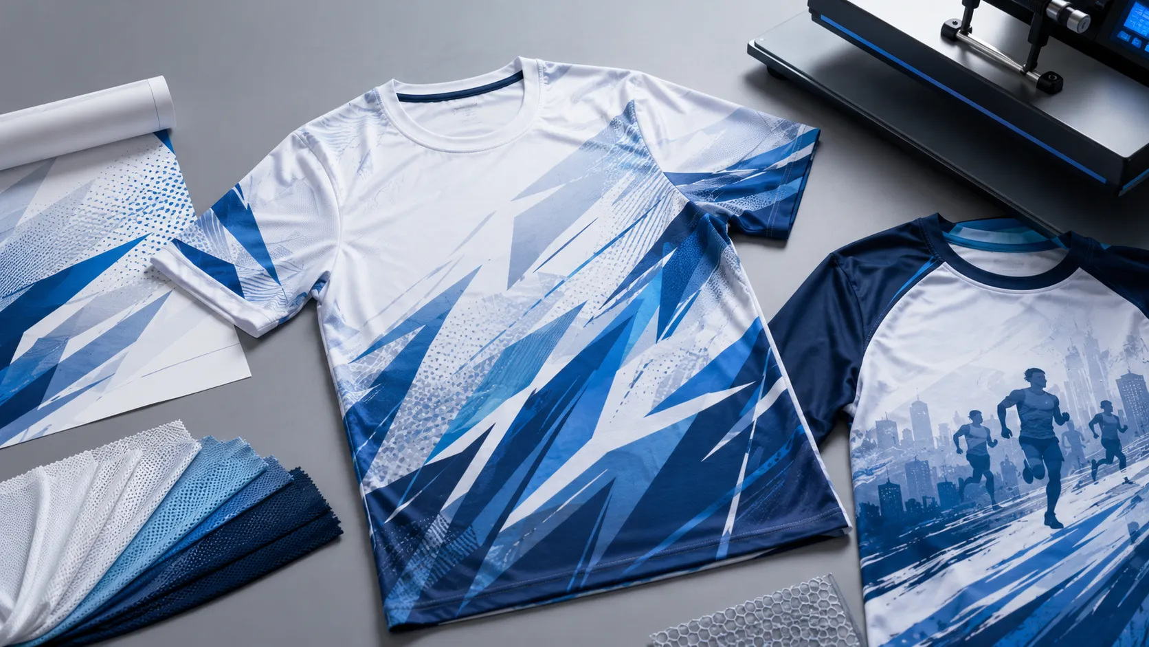เสื้อกีฬาผ้าโพลีเอสเตอร์สีอ่อนพิมพ์ซับลิเมชันลายกราฟิกฟ้า-น้ำเงินเต็มตัว วางคู่กับเสื้องานวิ่งลายนักวิ่งและเส้นขอบฟ้าเมือง พร้อมกระดาษทรานสเฟอร์และเครื่องรีดความร้อน
