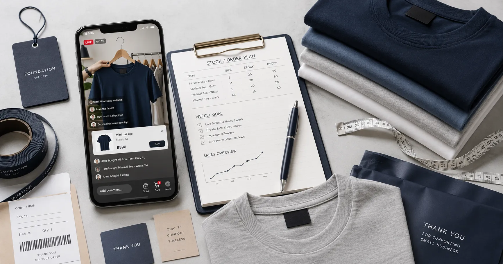 แฟลตเลย์ขายเสื้อแบรนด์ตัวเองบน TikTok Shop มือถือเปิดไลฟ์ขายของโชว์เสื้อบนไม้แขวนพร้อมแชทสด วางคู่คลิปบอร์ดแผนสต๊อกและออเดอร์ที่มีกราฟยอดขาย เสื้อยืดพับซ้อน ป้ายแบรนด์ และการ์ดขอบคุณ