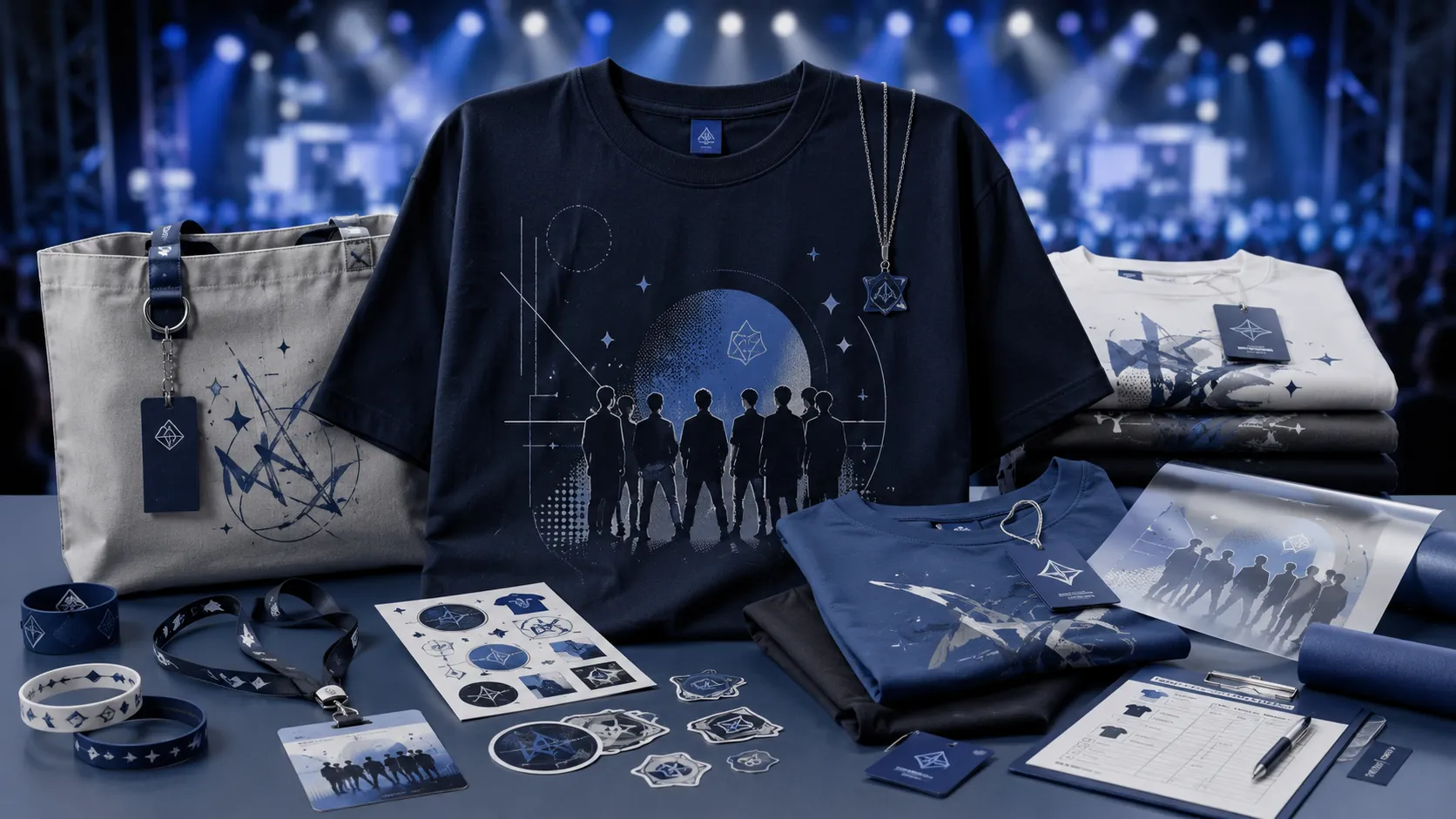 ภาพ flat-lay สินค้าแฟนเมดและ merch ศิลปิน T-pop เสื้อยืดสีกรมท่าพิมพ์ลายเงา 6 คน ล้อมด้วยกระเป๋าผ้า สายคล้องบัตร ริสต์แบนด์ และกองเสื้อพับ บนฉากไฟเวทีสีน้ำเงิน