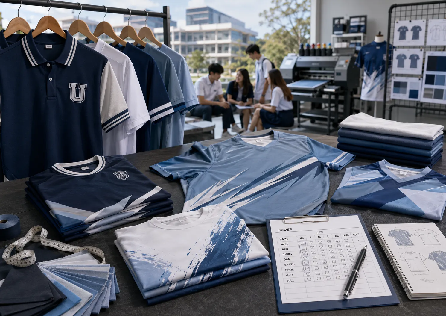 เสื้อโปโลมหาวิทยาลัยปักโลโก้ตัว U และเสื้อกีฬาสีโทนกรมท่าพับวางและแขวน พร้อมใบสั่งผลิตตารางไซซ์ ฉากหลังเป็นนักศึกษาและเครื่องพิมพ์เสื้อ