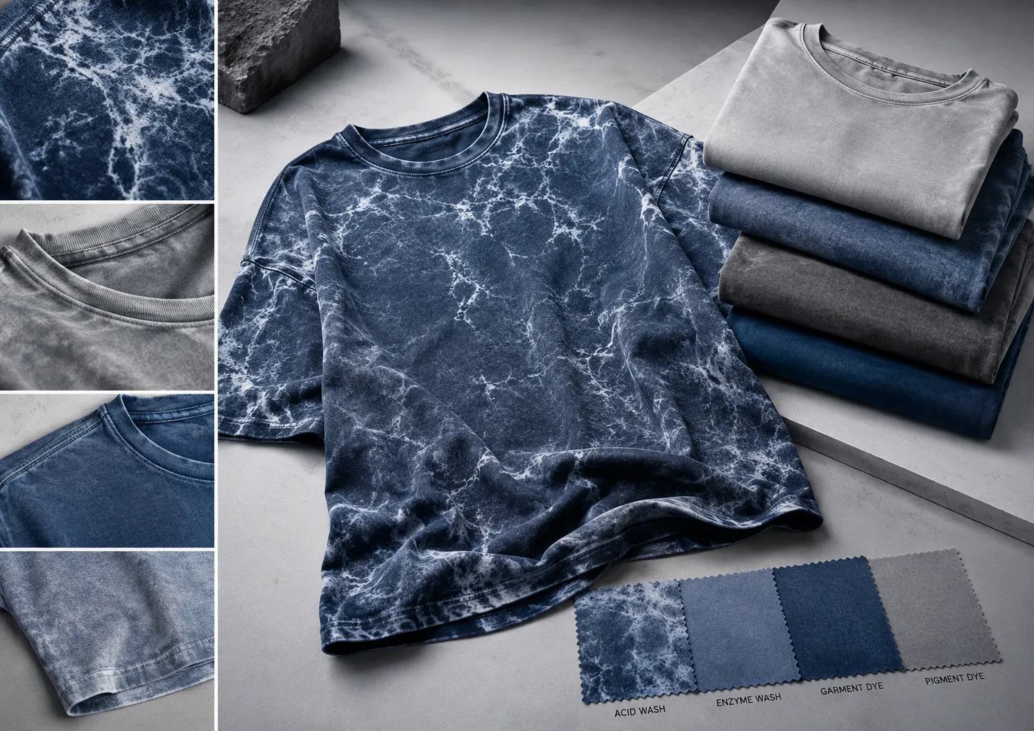 ภาพคอลลาจเสื้อยืดฟอกวินเทจ กลางภาพเป็นเสื้อสีกรมท่าลายฟอก acid wash สีขาว ขวาเป็นกองเสื้อพับ 4 สี พร้อมสวอตช์ 4 เทคนิค ACID WASH, ENZYME WASH, GARMENT DYE และ PIGMENT DYE บนพื้นปูน