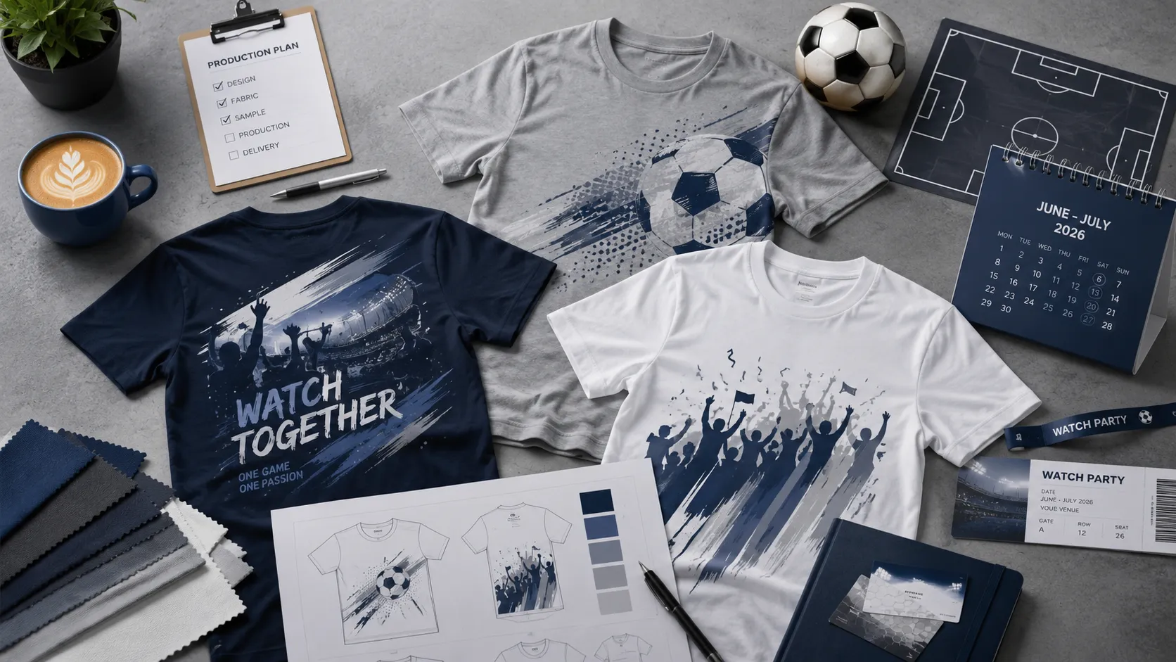 เสื้อยืดธีมฟุตบอลสามตัววางบนพื้นเทา ล้อมด้วยลูกฟุตบอล ตั๋ว Watch Party ปฏิทินปี 2026 แบบร่างดีไซน์ และถ้วยกาแฟ สื่อไอเดียทำเสื้ออีเวนต์ช่วงบอลโลก